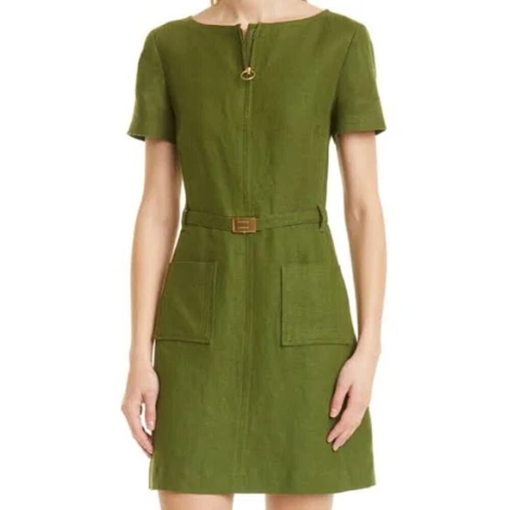 Tory Burch Linen Dress 6 Olive Belted Wedding Guest Resort